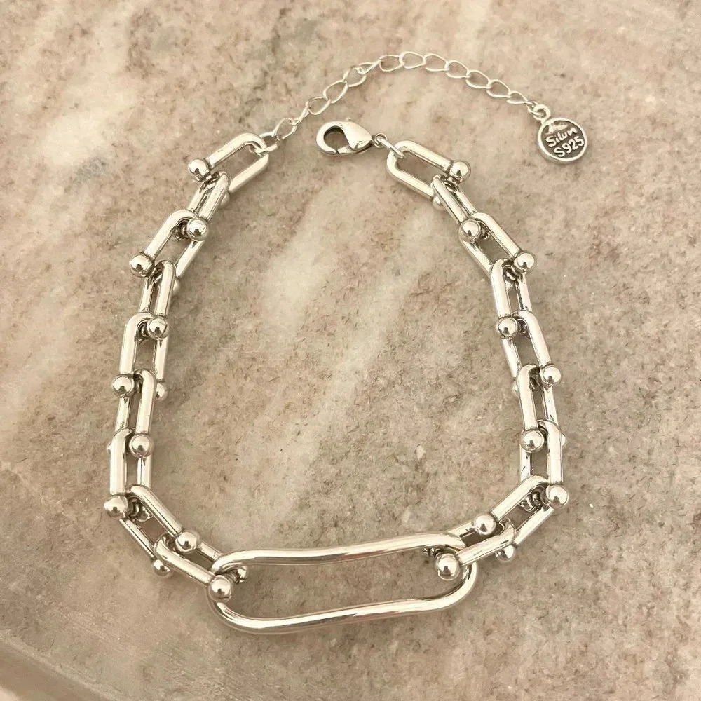 925 Sterling Silver Chunky U Link Bracelet Silver Paperclip Modern Link Bracelet - Picture 2 of 4